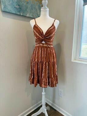 Angie Rust Brown Twist Front Spaghetti Strap Dress Boho Hippie Festival Size S